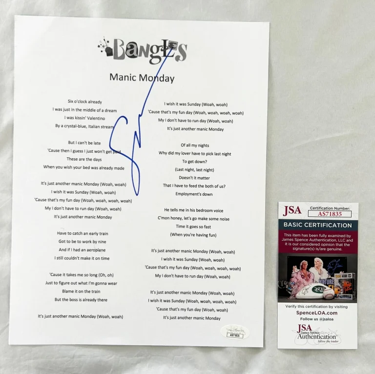 Susanna Hoffs Signed Lyric Sheet The Bangles Photo JSA 5 COA