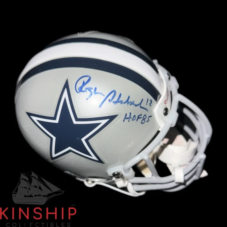 Roger Staubach signed Dallas Cowboys Mini Helmet JSA COA Inscribed HOF 85 F104