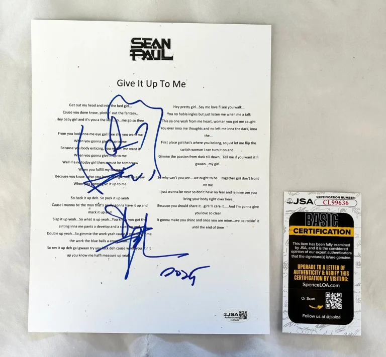 Sean Paul Signed Lyric Sheet Give It Up To Me JSA COA