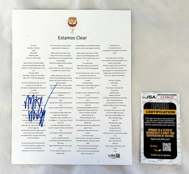 Miky Woodz Signed Lyric Sheet Estamos Clear JSA COA