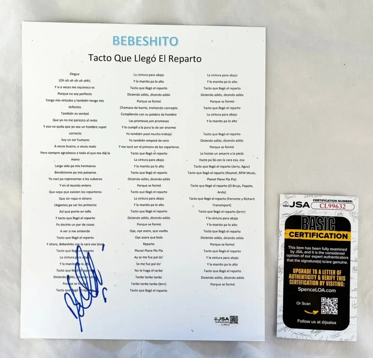 Bebeshito Signed Lyric Sheet Tacto Que Llego El Reparto JSA COA