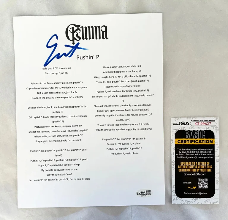 Gunna Signed Lyric Sheet Pushin' P JSA COA