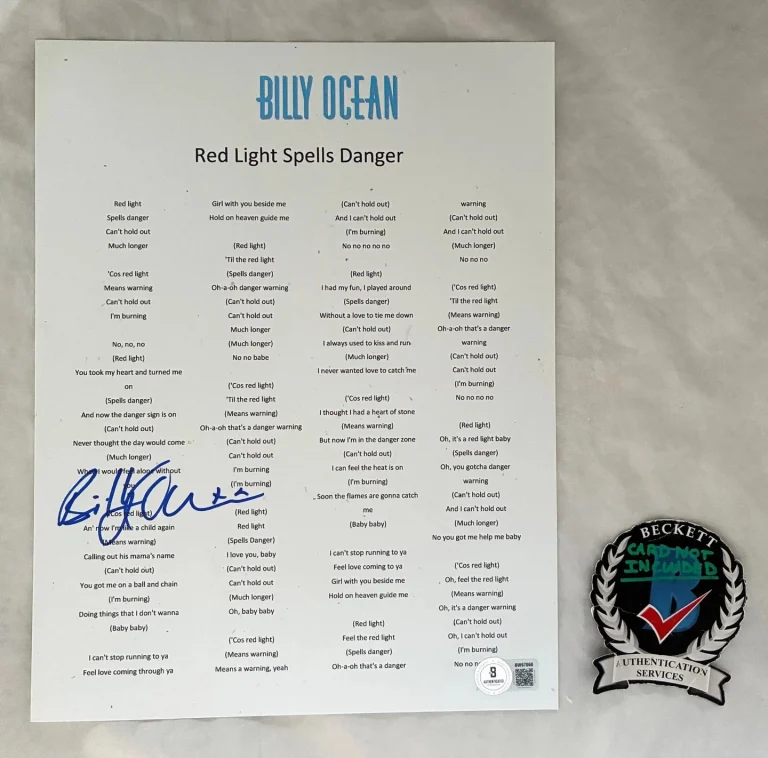 Billy Ocean Signed Lyric Sheet Red Light Spells Danger Beckett BAS COA