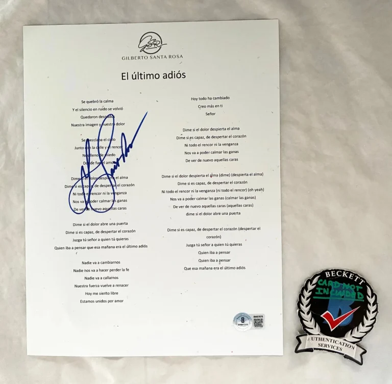 Gilberto Santa Rosa Signed Lyric Sheet El Ultimo Adios Beckett BAS COA