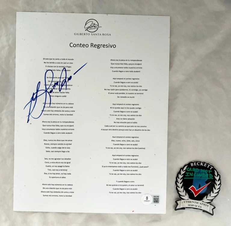 Gilberto Santa Rosa Signed Lyric Sheet Conteo Regresivo Beckett BAS COA