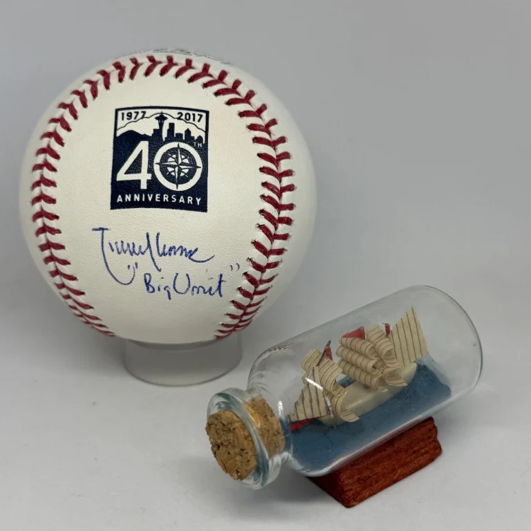 Randy Johnson signed Mariners 40th Ann Logo Baseball JSA Inscribed Auto A4439