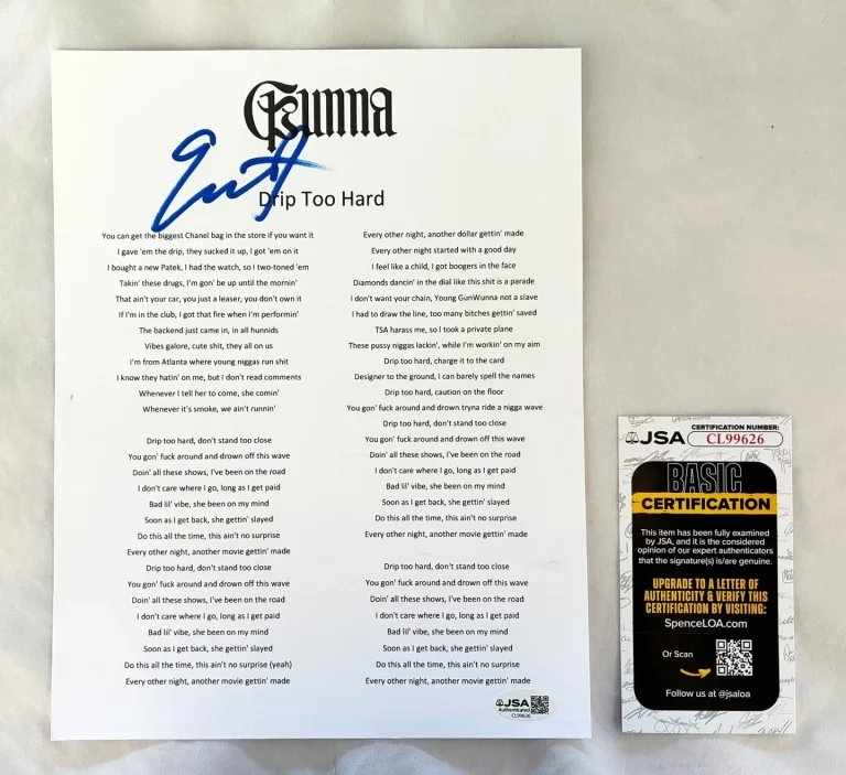 Gunna Signed Lyric Sheet Pushin' P JSA 1 COA