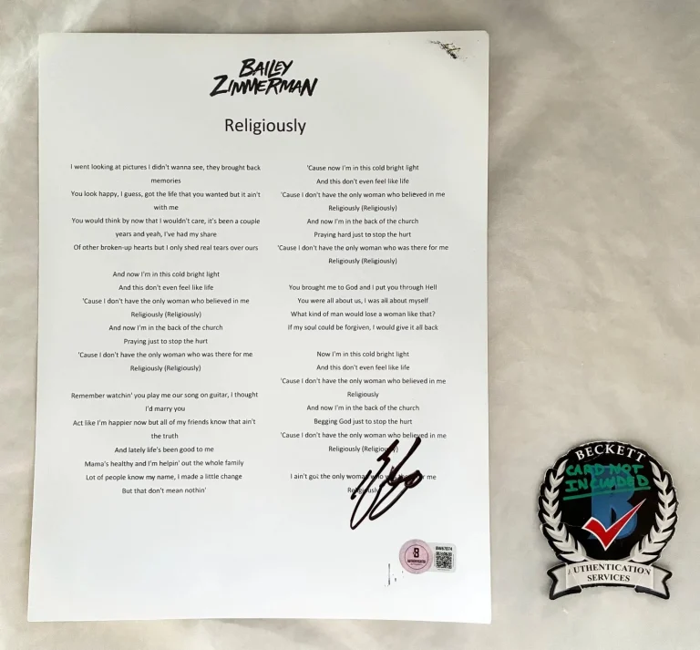 Bailey Zimmerman Signed Lyric Sheet Religiosly Beckett BAS 1 COA