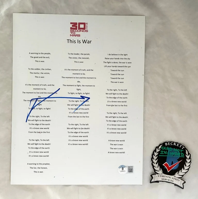 Jared Leto Signed Lyric Sheet 30 Seconds To Mars This Is War Beckett BAS COA