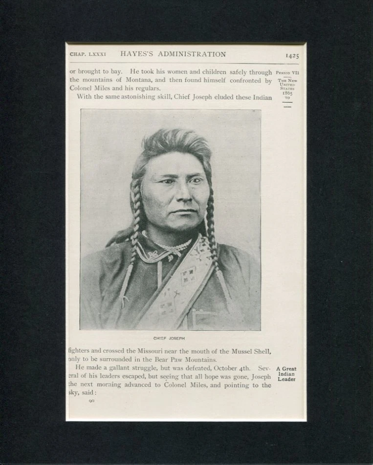 Chief Joseph Nez Perce Indians Original Engraving Book Photo Display