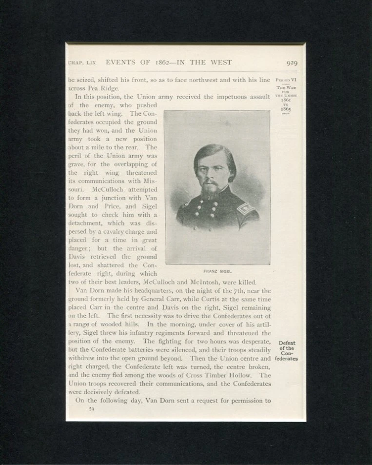 General Franz Sigel US Civil War Original Engraving Book Photo Display