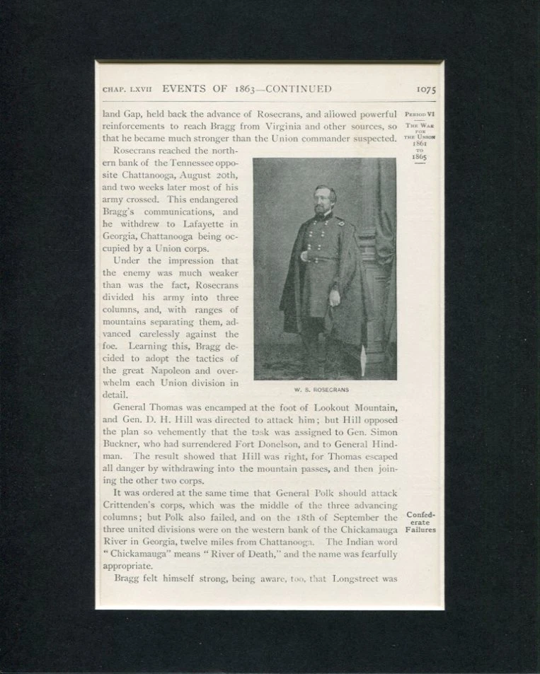 General William S Rosecrans US Civil War Original Engraving Book Photo Display