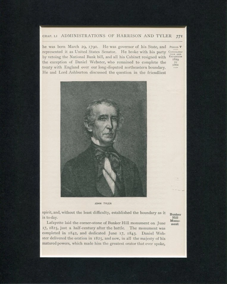 John Tyler 10th US President Senator Congress Original Book Photo Display