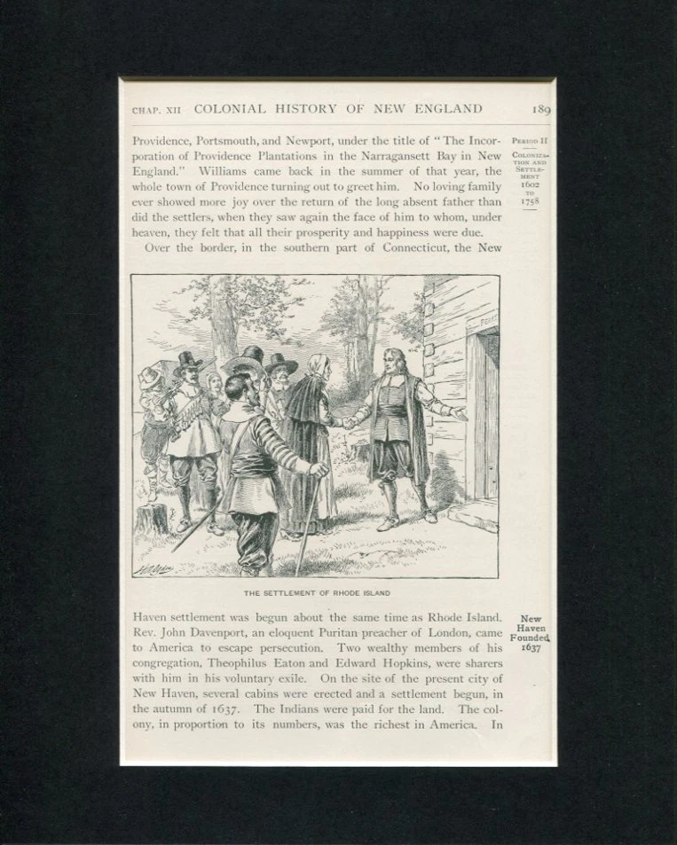 The Settlement Of Rhode Island Original Engraving Book Photo Display