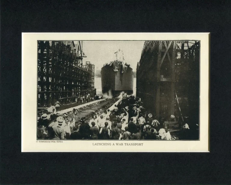 US Transport Ship Launching World War I Original Engraving Book Photo Display