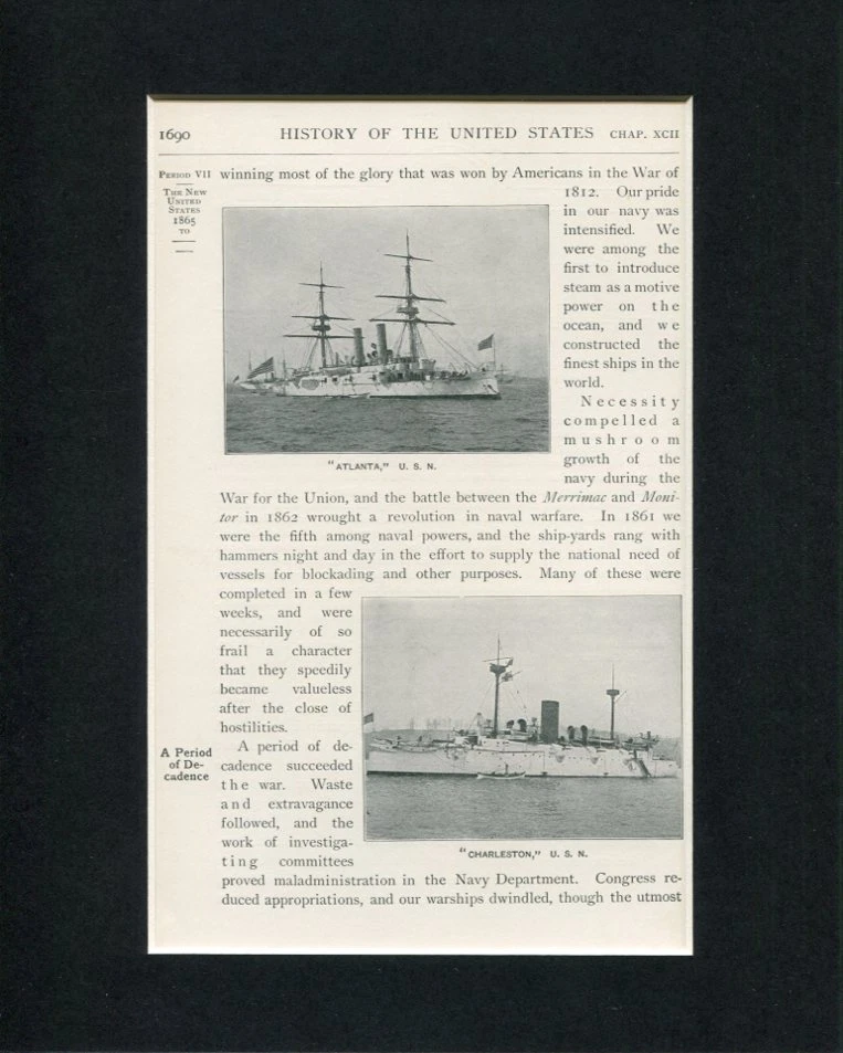 USS Atlanta USS Charleston USN Original Engraving Book Photo Display