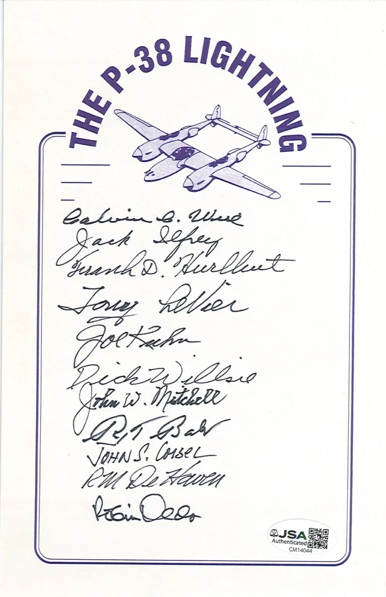 WWII P-38 ACES MULTI SIGNED BOOKPLATE JSA OLDS MITCHELL BARBER 11 AUTOS
