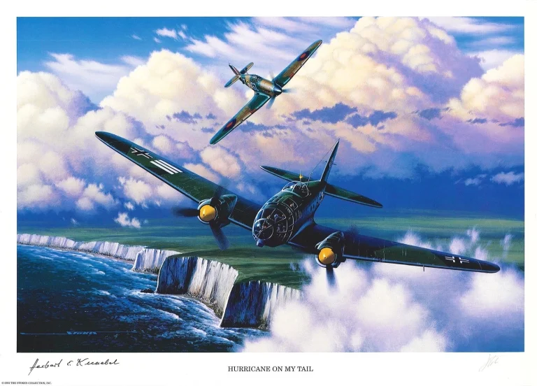 Herbert Knaebel Signed Hurricane On My Tail Print Stan Stokes Luftwaffe AIV