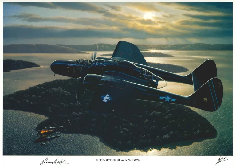 Leonard Hall Signed Bite of the Black Widow Print Stan Stokes P-61 Night Fighter