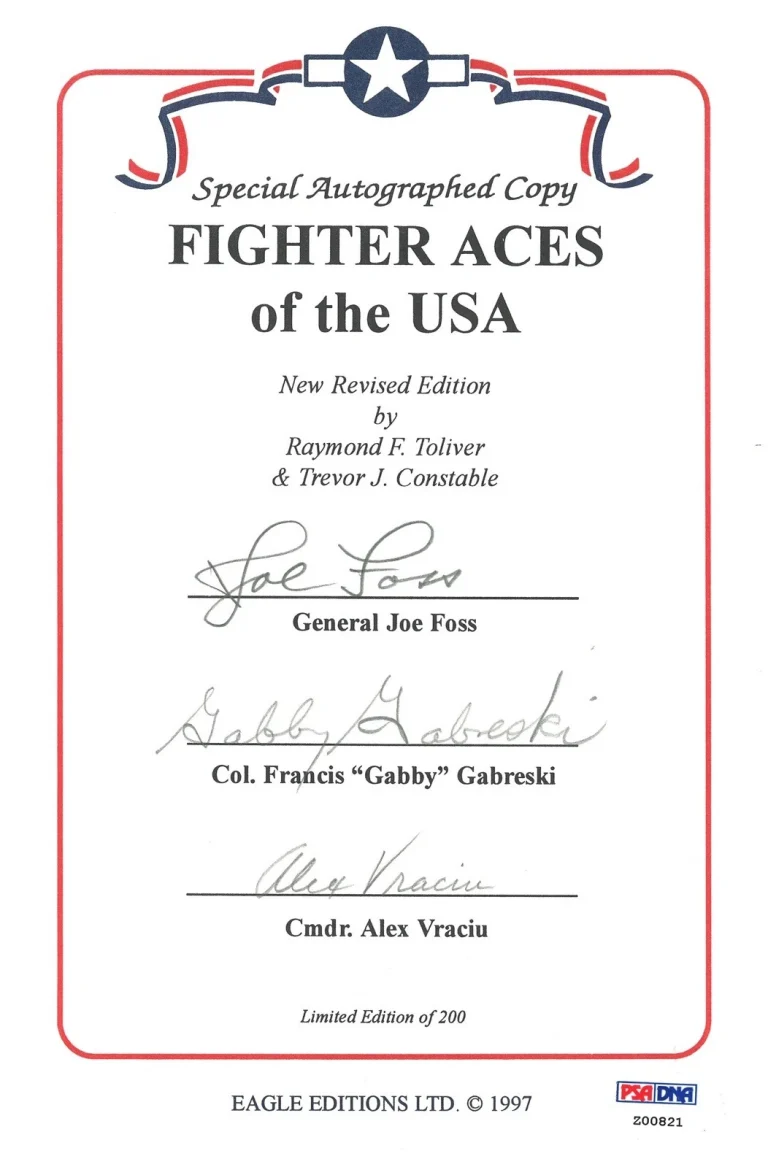 Fighter Aces of the USA Signed Bookplate PSA DNA Foss Gabreski Vraciu
