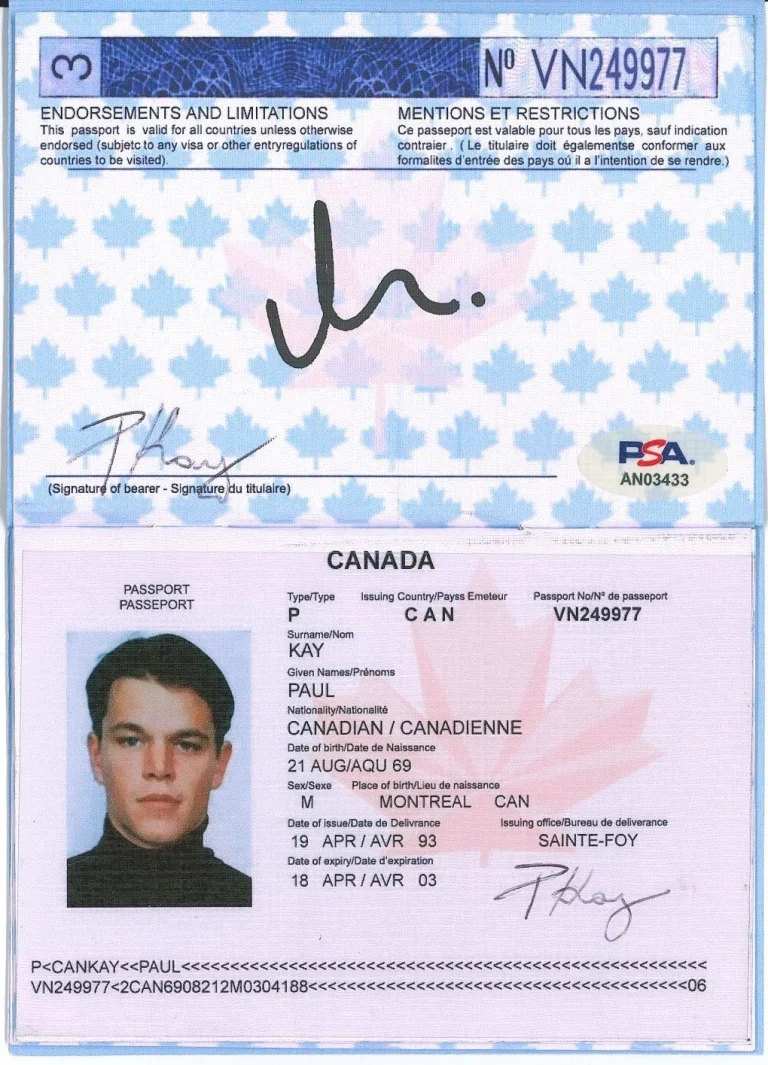 Matt Damon Signed Bourne Identity Canadian Passport Prop PSA DNA LOA