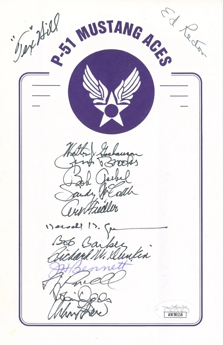 WWII P-51 Mustang Aces Signed Bookplate JSA COA 14 Ace Autographs