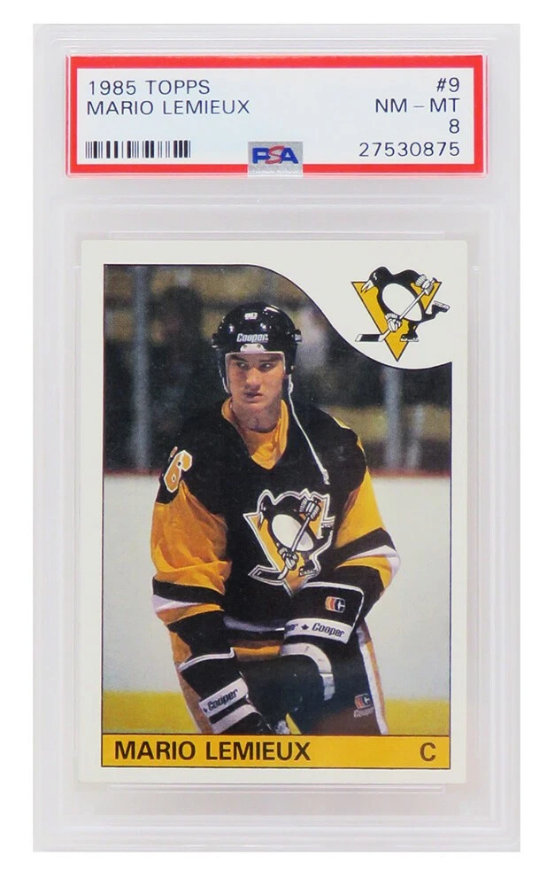 Mario Lemieux Pittsburgh Penguins 1985 Topps RC Rookie Card #9 (PSA 8 NM-MT)(E)
