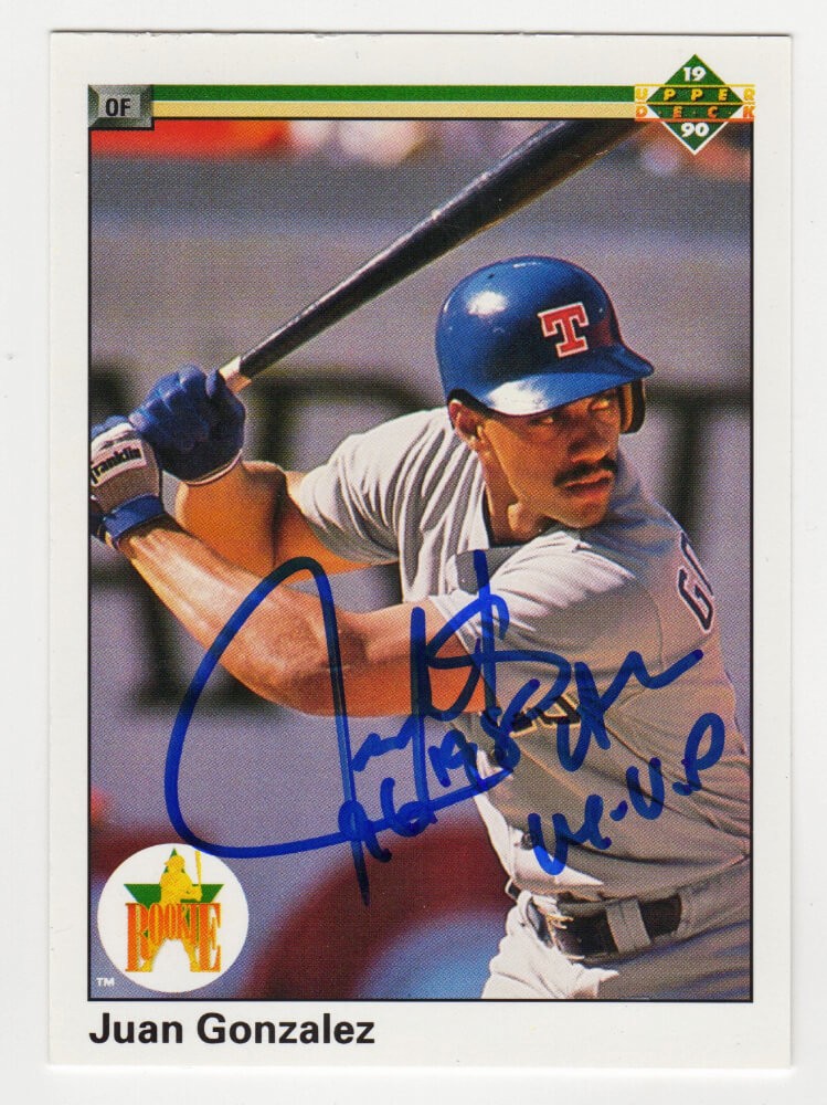 Juan Gonzalez Autographed 1990 UD Rookie Card #72 w/96, 98 AL MVP - (SS COA)