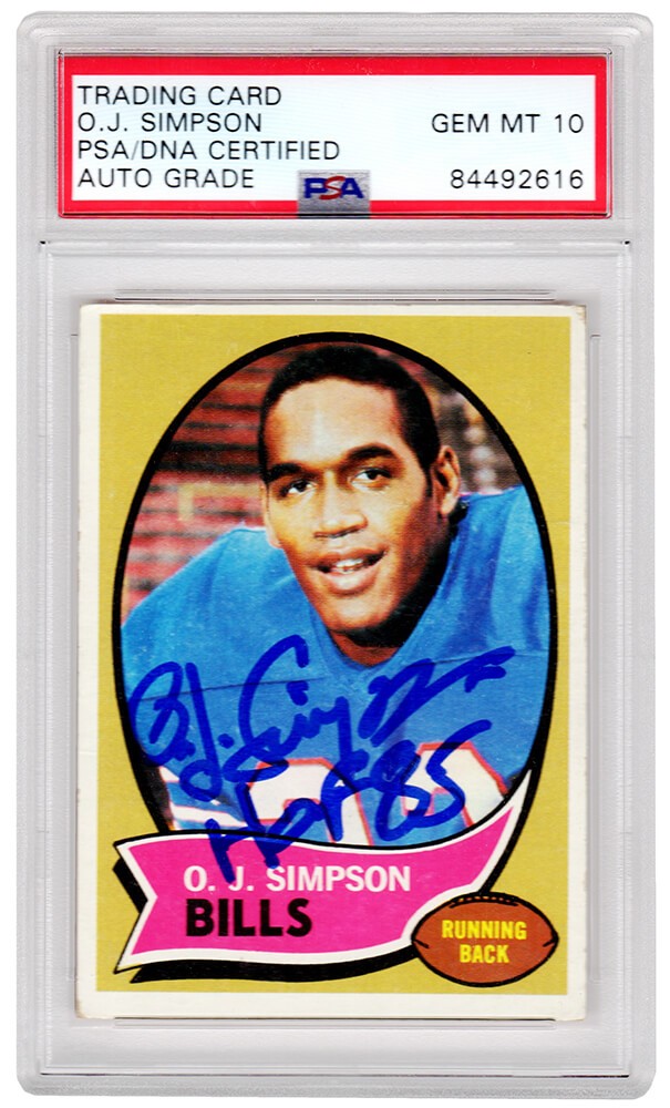 O.J. Simpson Autographed Bills 1970 Topps Rookie Card #90 w/HOF'85 (PSA Auto 10)