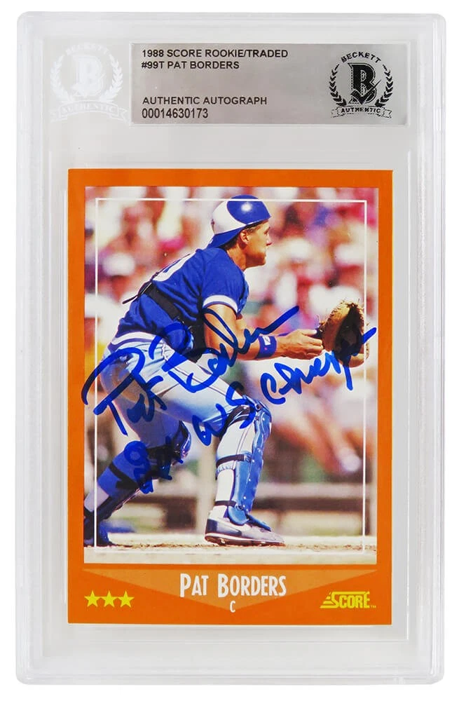 Pat Borders autographed 1988 Score Traded RC Card #99T w/2x WS Champs -(Beckett)