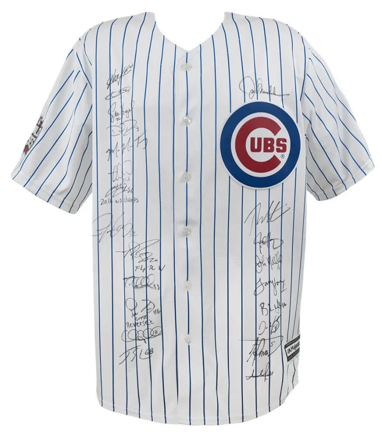 2016 Cubs Team Signed 2016 WS Patch Pinstripe Majestic Jersey (22 Sigs)(SS COA)