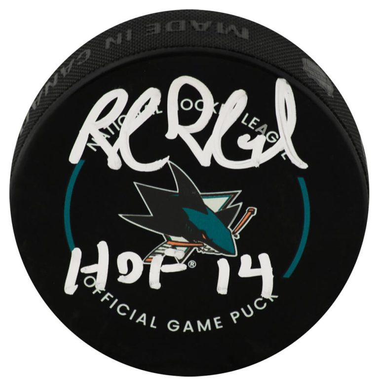 Rob Blake Signed Sharks Logo Official Hockey Puck w/HOF'14 - (SCHWARTZ COA)