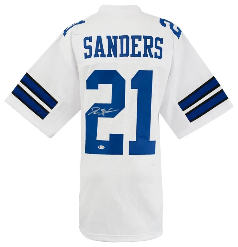 Deion Sanders (COWBOYS) Signed White Custom Football Jersey - (BECKETT COA)
