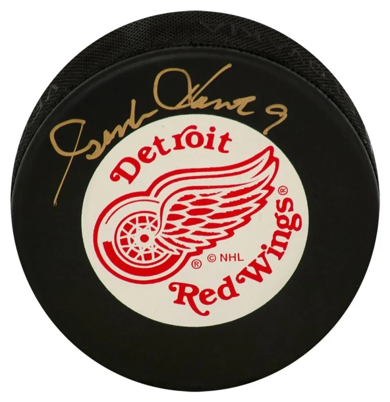 Gordie Howe Signed Red Wings Large Logo White Background Hockey Puck - (JSA COA)
