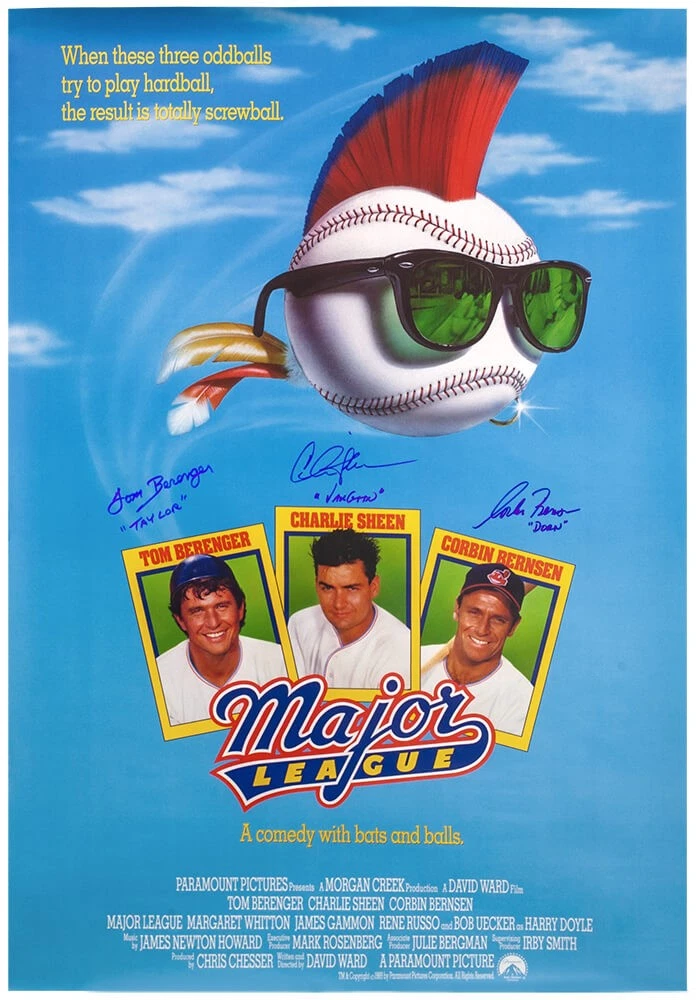 Charlie Sheen, Bernsen, Berenger Signed Major League 27x40 Poster w/Names SS COA