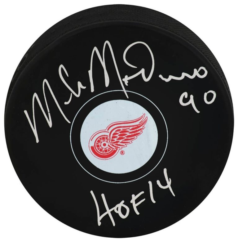 Mike Modano Signed Detroit Red Wings Logo Hockey Puck w/HOF'14 - (SCHWARTZ COA)