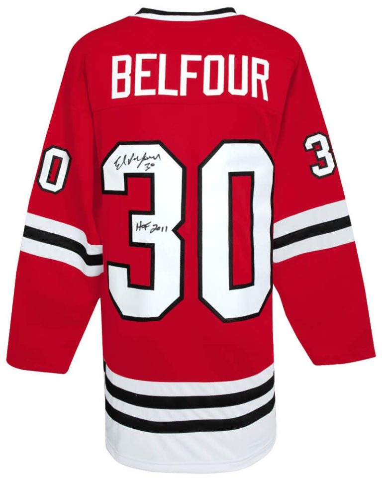 Ed Belfour Signed Red Throwback Custom Hockey Jersey w/HOF 2011 - (SCHWARTZ COA)