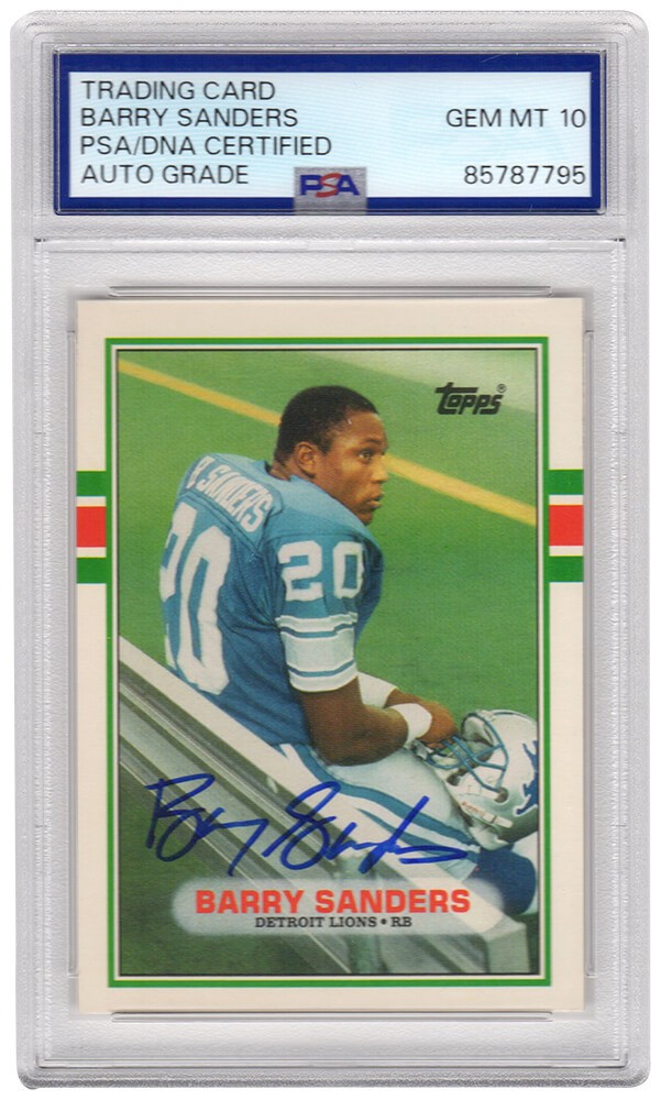 Barry Sanders Signed Lions 1989 Topps RC Football Card #83T - (PSA / Auto 10)