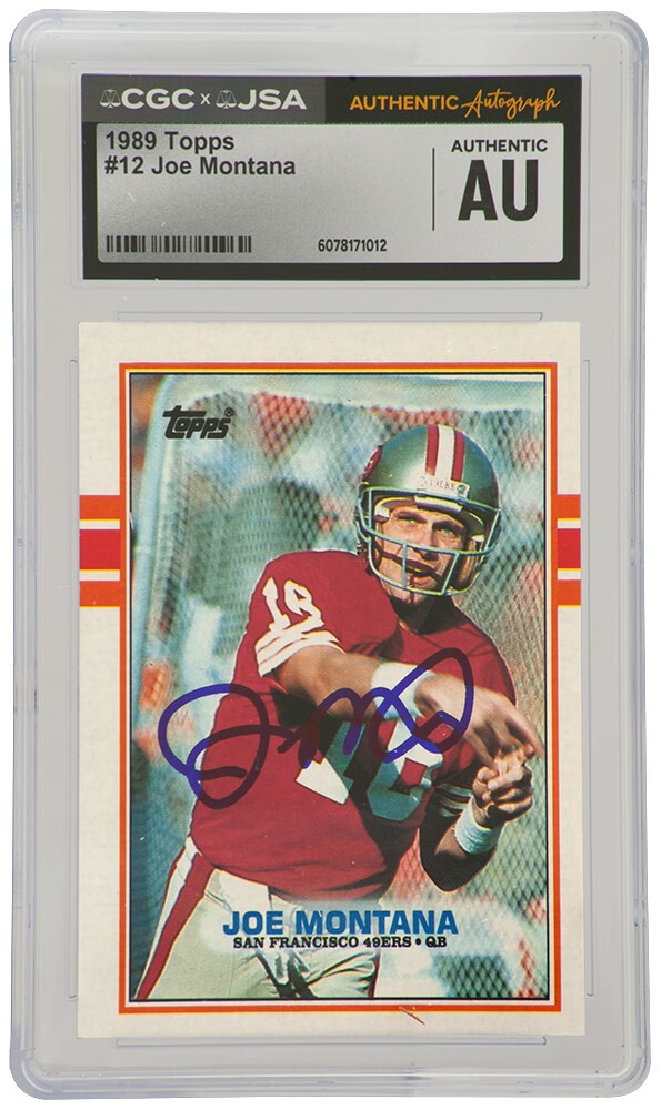 Joe Montana Signed 49ers 1989 Topps Football Card #12 (CGC x JSA Encapsulated)