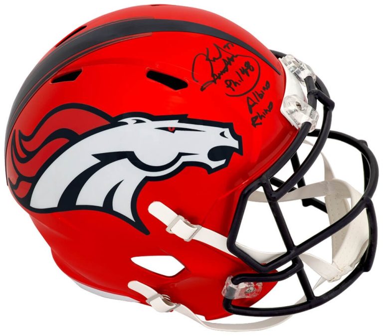 Karl Mecklenburg Signed Broncos FLASH Riddell Rep Helmet w/Albino Rhino (SS COA)