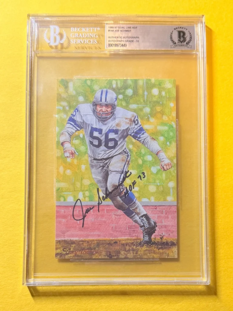 1989 GOAL LINE HOF JOE SCHMIDT #144 SIGNED ART BECKETT AUTHENTIC 10 