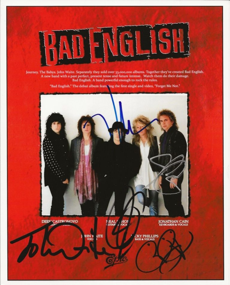 Bad English band REAL hand SIGNED Photo Journey by Waite Schon Neal Jonathan