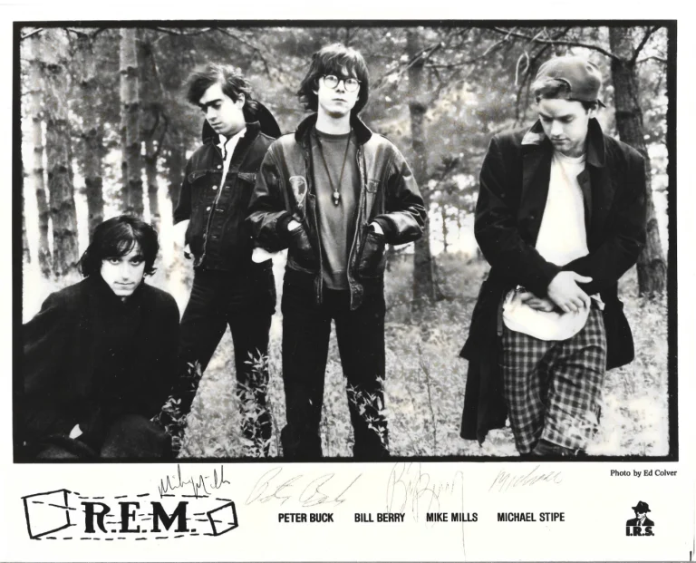 R.E.M. REAL full band hand SIGNED Early Promo Photo JSA LOA Michael Stipe +3 REM