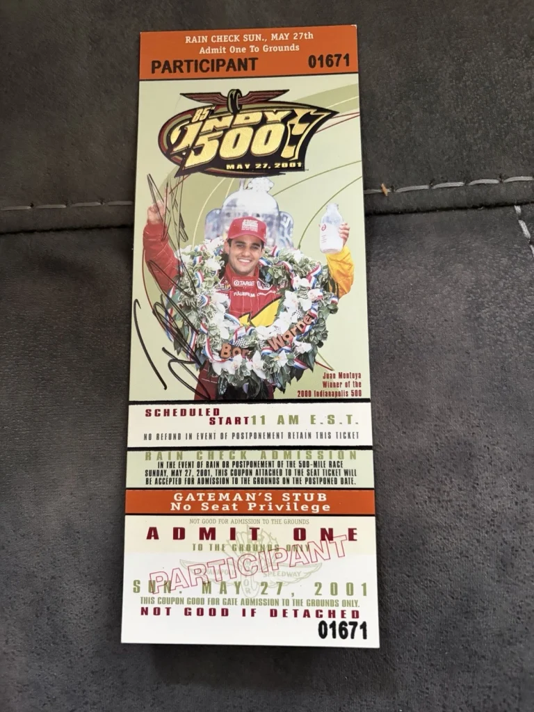 Juan Pablo Montoya (2000 Winner) Signed Indianapolis Indy 500 Ticket 2001 Race