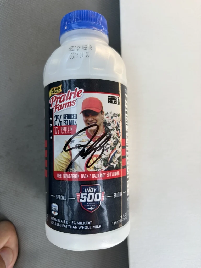 2026 Indy Car Indianapolis 500 Signed Prairie Farms Milk Bottle Josef Newgarden