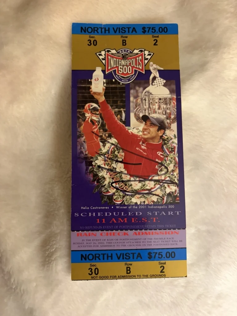 Helio Castroneves (2001 Winner) Signed Indianapolis Indy 500 Ticket 2002 Creased