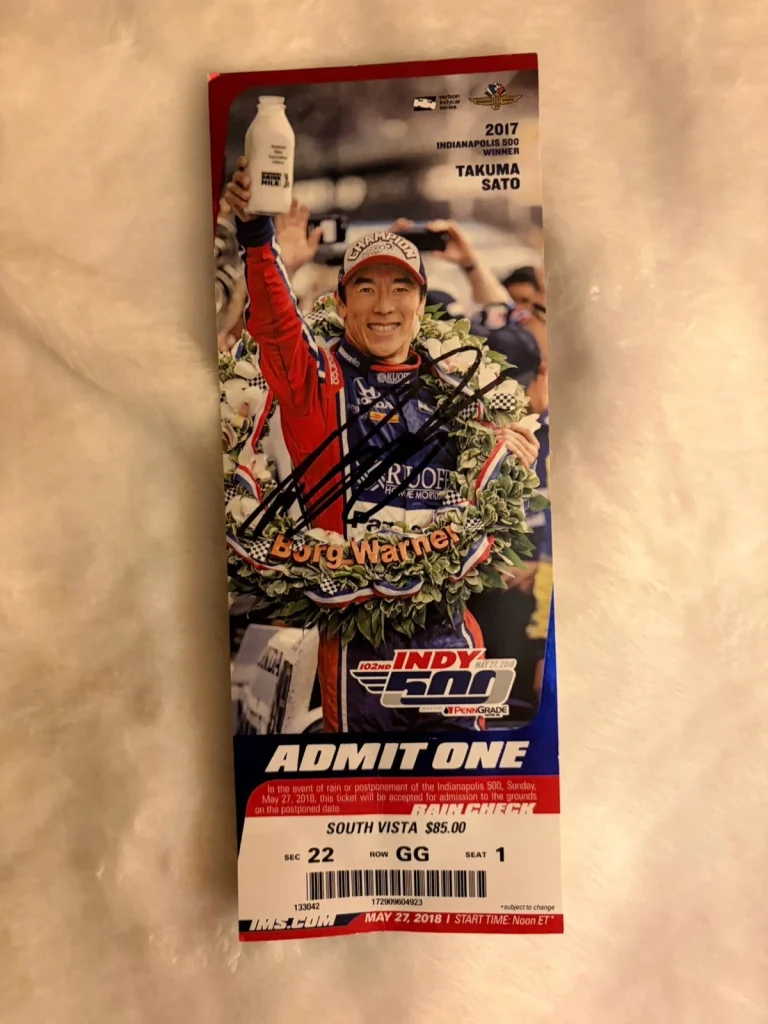 Takuma Sato (2017 Winner) Signed Indianapolis Indy 500 Ticket 2018 Race Crease