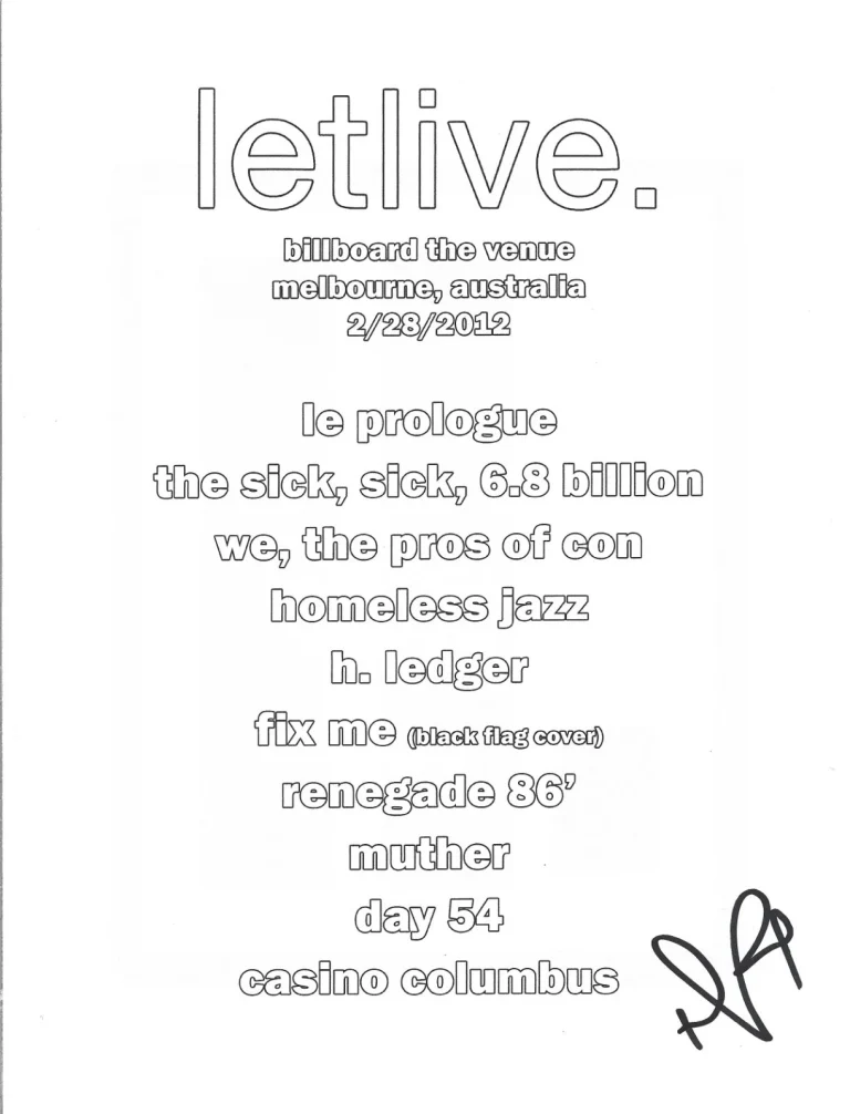Jason Aalon Butler of Letlive. band hand SIGNED Setlist #2 COA Autograph Letlive