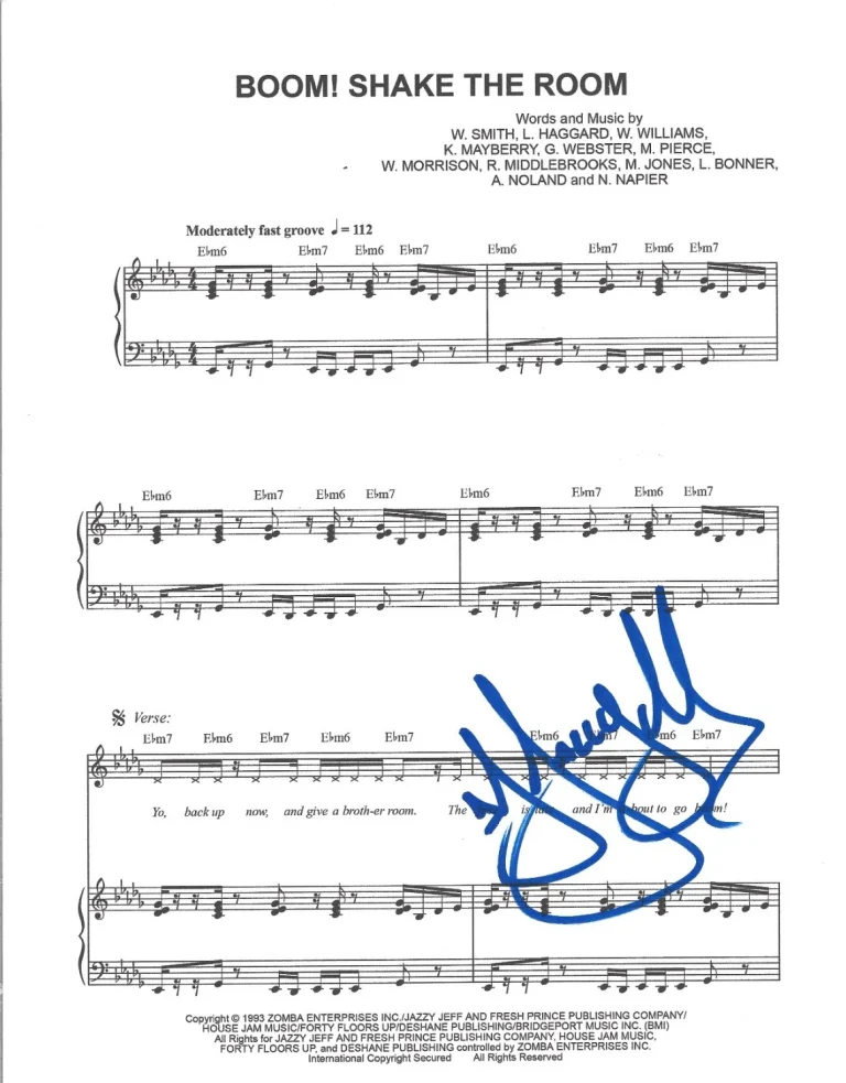 DJ Jazzy Jeff hand SIGNED Boom! Shake The Room Sheet Music #1 COA Fresh Prince