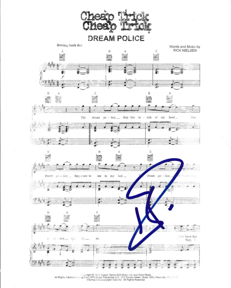 Cheap Trick hand SIGNED Dream Police Sheet Music COA Autographed by Robin Zander